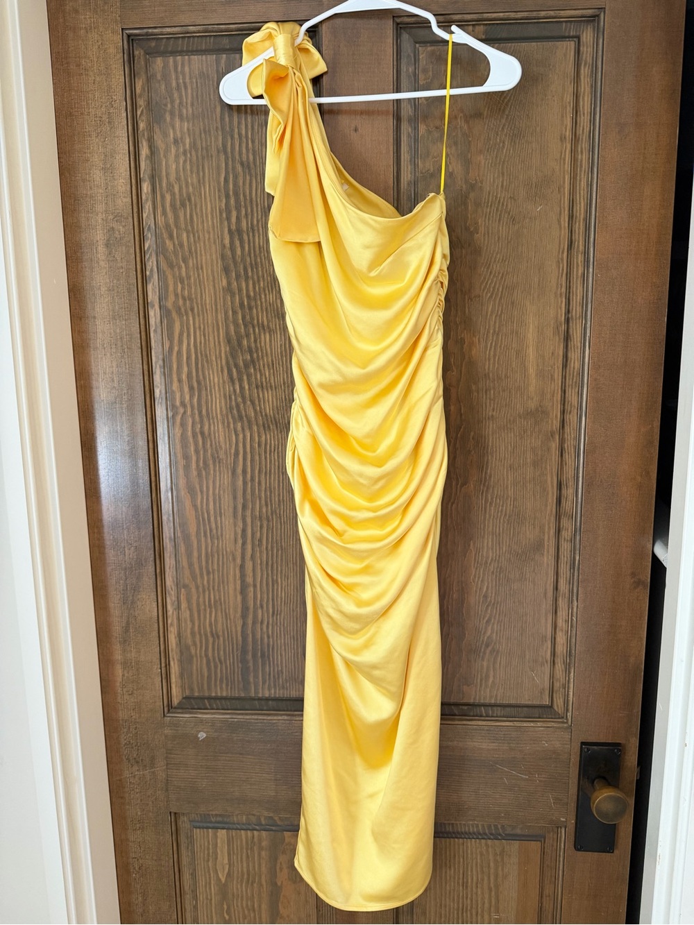 Yellow One-Shoulder Ruched Satin Dress